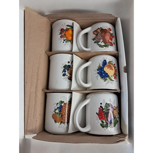 Stoneware Set Of Six Fruit Print Coffee Cups Mugs - Picture 14 of 16